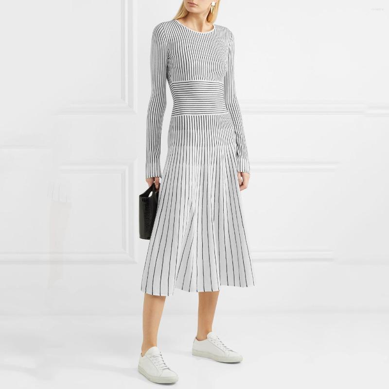 

Casual Dresses High-end Autumn And Winter Simple Merino Wool Dress Temperament Commuter Long White Striped Knitted Women, White stripes