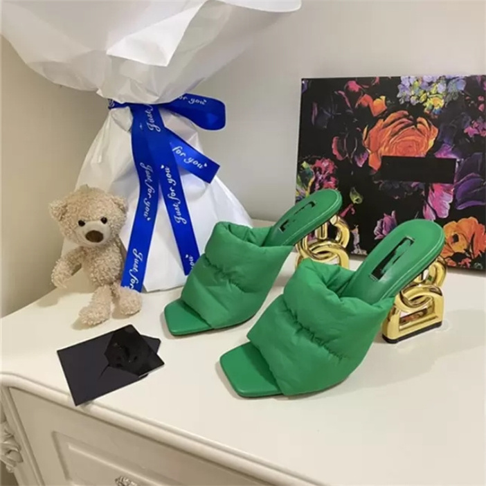 

2023 winter women's high-heeled slippers down material warm fashion letter heel design multicolor women shoes Green Color Sizes 35-40, White