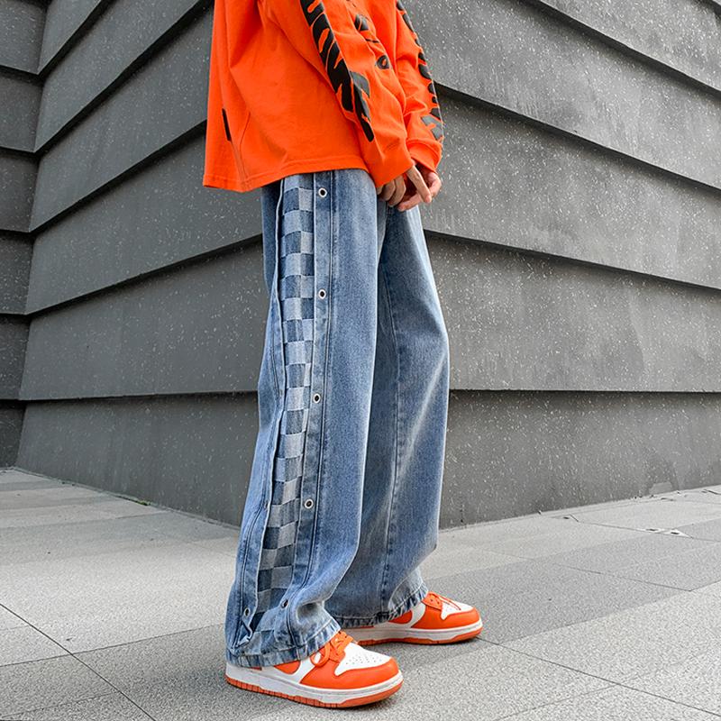 

Men's Jeans High Street Loose Casual Mens Fashion Drawstring Straight Wide Leg Pants Side Checkerboard Plaid Patchwork Denim JeansMen's, Blue