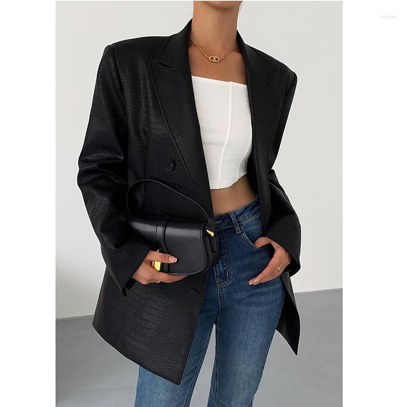 

Women' Leather & Faux Black Suit Coat Double Breasted Female Design PU Loose Leisure High StreetWomen