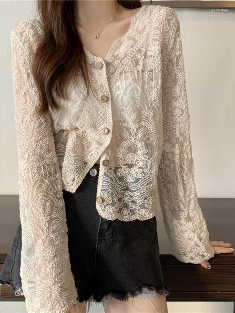 

Women's Knits Hsa Women Sexy See Through Cardigans Y2K Long Sleeve Lace Mesh Vintage Up Crop Tops Streetwear Ropa De Mujer, Lm19714-j khaki