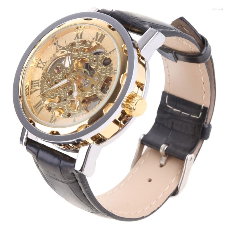 

Wristwatches Classic Mens Mechanical Watch Black Leather Gold Dial Skeleton Army Sport Wristwatch Cool Relogio, Picture shown