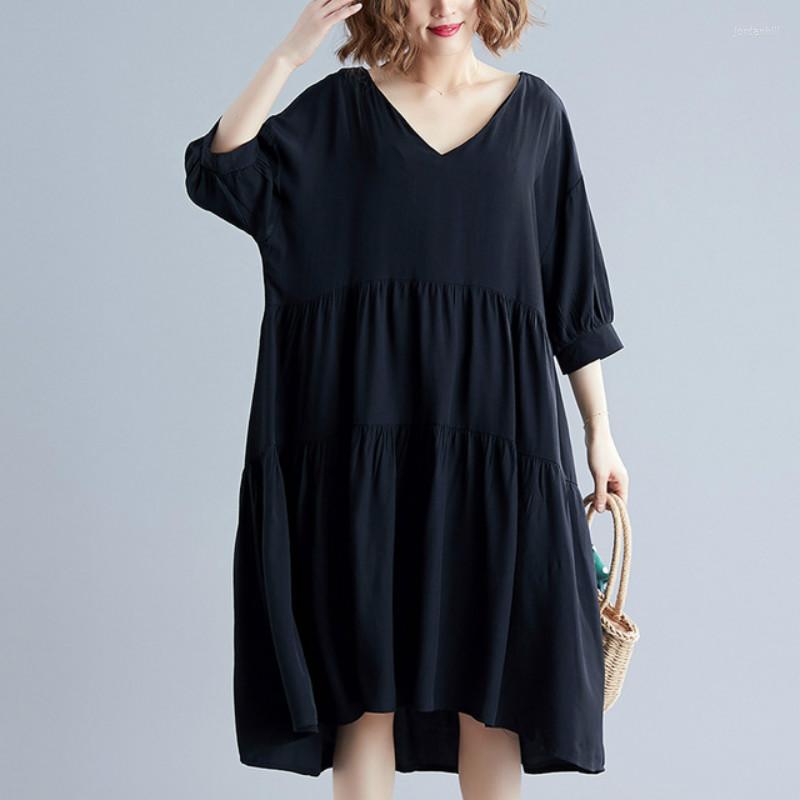 

Party Dresses 2023 Plus Size Big Cotton Female Vestidos Women Dress Loose Lady Elegant Long Pleated Black Summer Sundress LP272