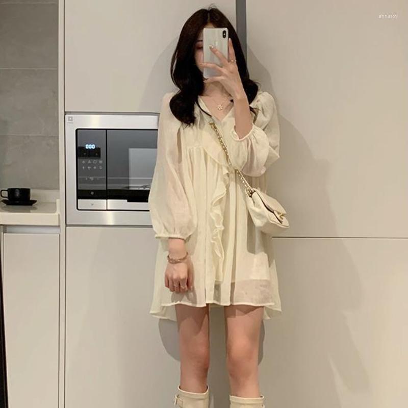 

Casual Dresses 2023 Spring Fashion Simple Long Sleeve Women Dress Elegant Princess Ruffle V-neck Female Vestidos, Apricot