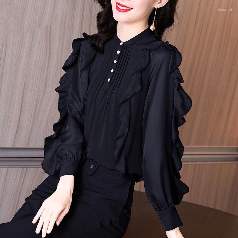 

Women's Blouses Female Blouse 2023 Spring Women's Foreign Air Bottom Small Shirt French Short Lotus Edge Long Sleeve Chiffon Top, Black