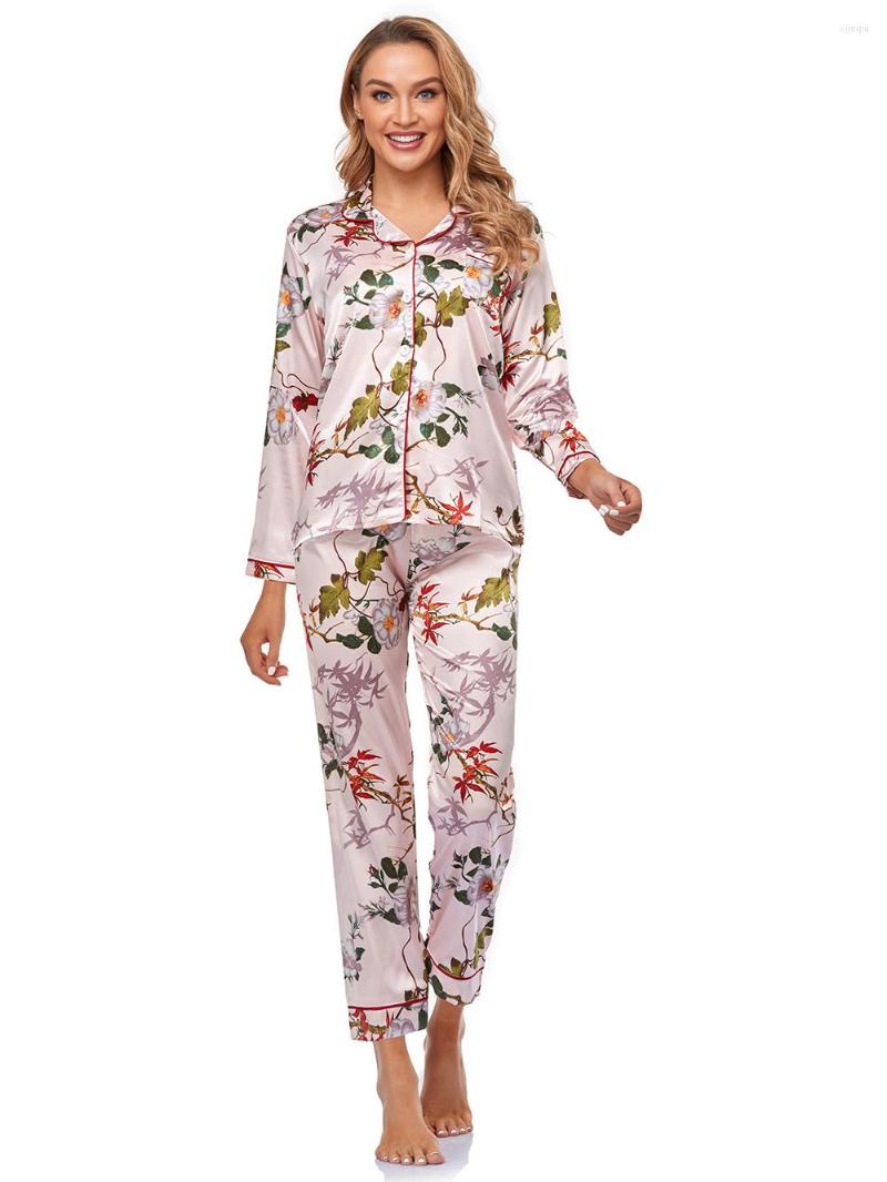 

Women' Sleepwear Autumn Winter Print Pattern Women' Pajamas Set Floral Button Down Satin Long Sleeve Nightwear Pants Loungewear, Picture shown