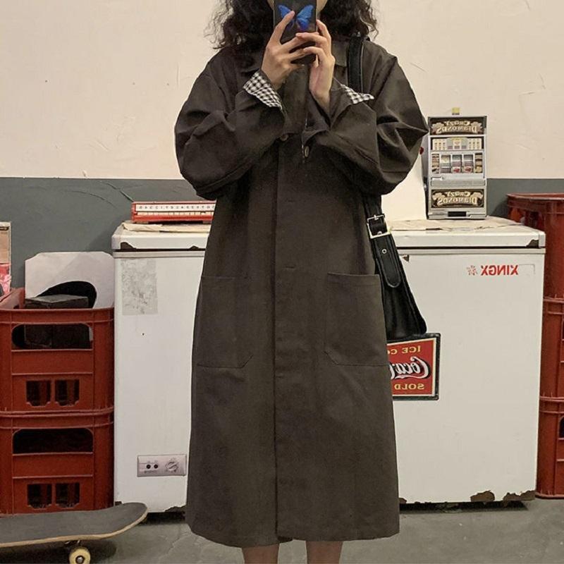 

Women' Jackets Vintage Mid-length Jacket Fashion Loose Solid Color Long Sleeve Side Pocket Outerwear Autumn Harajuku Oversize Overcoat, Gray