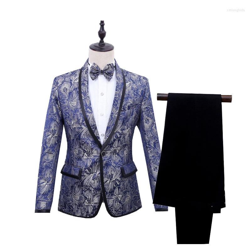 

Men' Suits Men Shawl Lapel 2 Piece Blazer Set Suit Blue Floral Pattern Jacquard Wedding Groom Singers Prom Costume Latest Coat Pant Designs