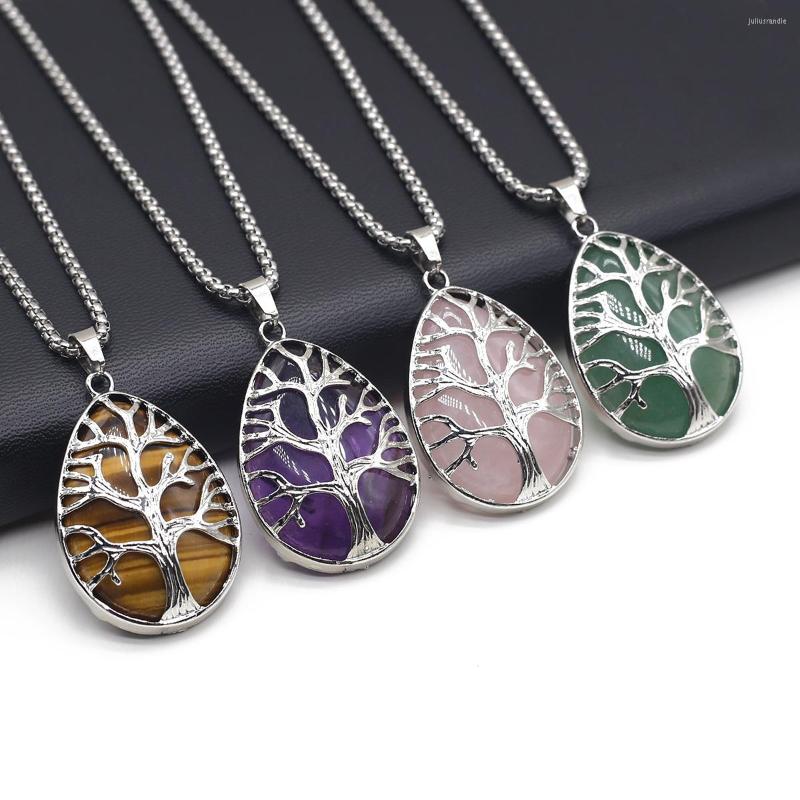 

Pendant Necklaces Fine Natural Stone Tree Of Life Necklace Water Drop Amethysts Tiger Eye Link Chain For Women Fashion Jewelry Gifts