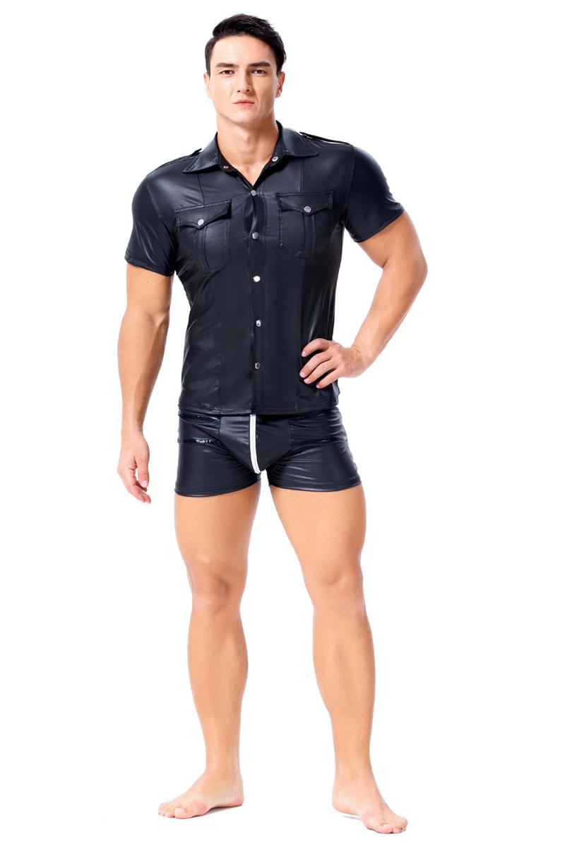 

Men' Casual Shirts Men Shirt Turn-down Collar Tops Punk Moto Pockets Male Faux Leather Buttons Sexy Stage Performance ClubwearMen, Picture shown