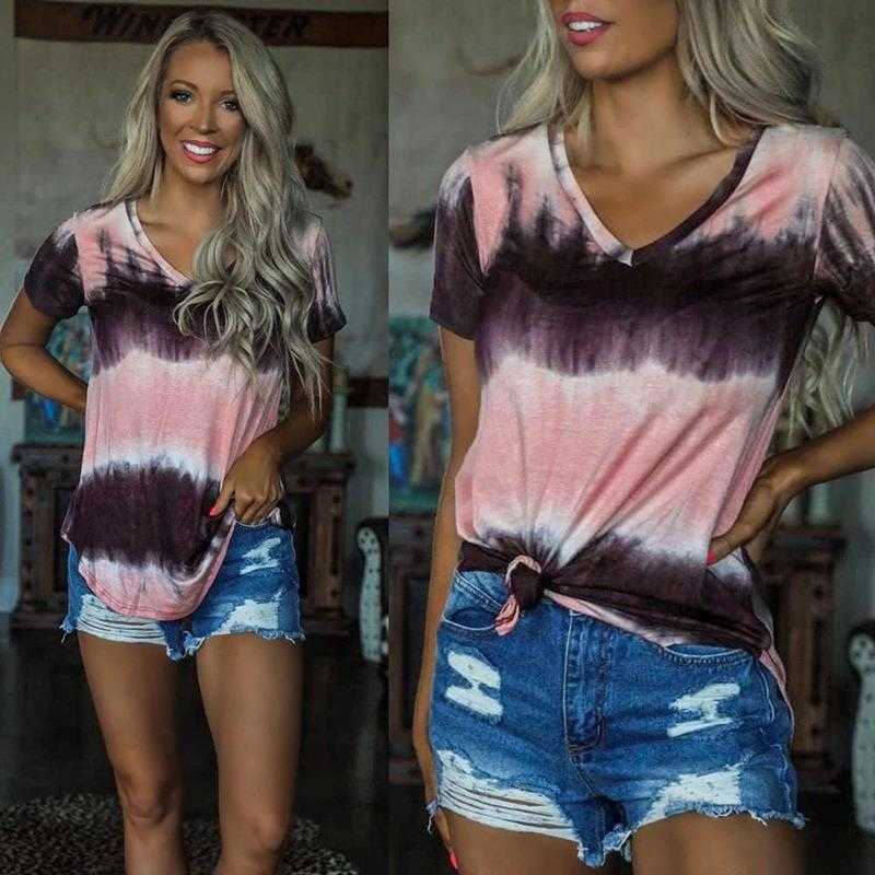 

Summer Womens Loose Print Short Sleeve T Shirt V Neck Kimono Top, Picture color