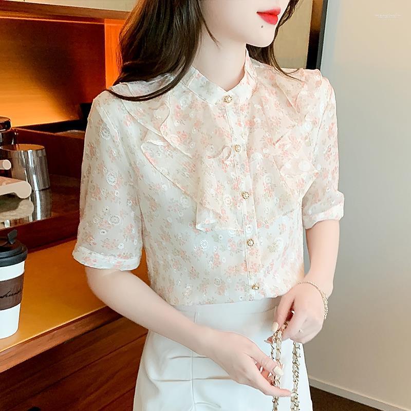 

Women' Blouses Blouse Female 2023 Summer Short Sleeve French Chiffon Variable Lotus Sweet Printing Shirt Women' Standing Western, Mixed