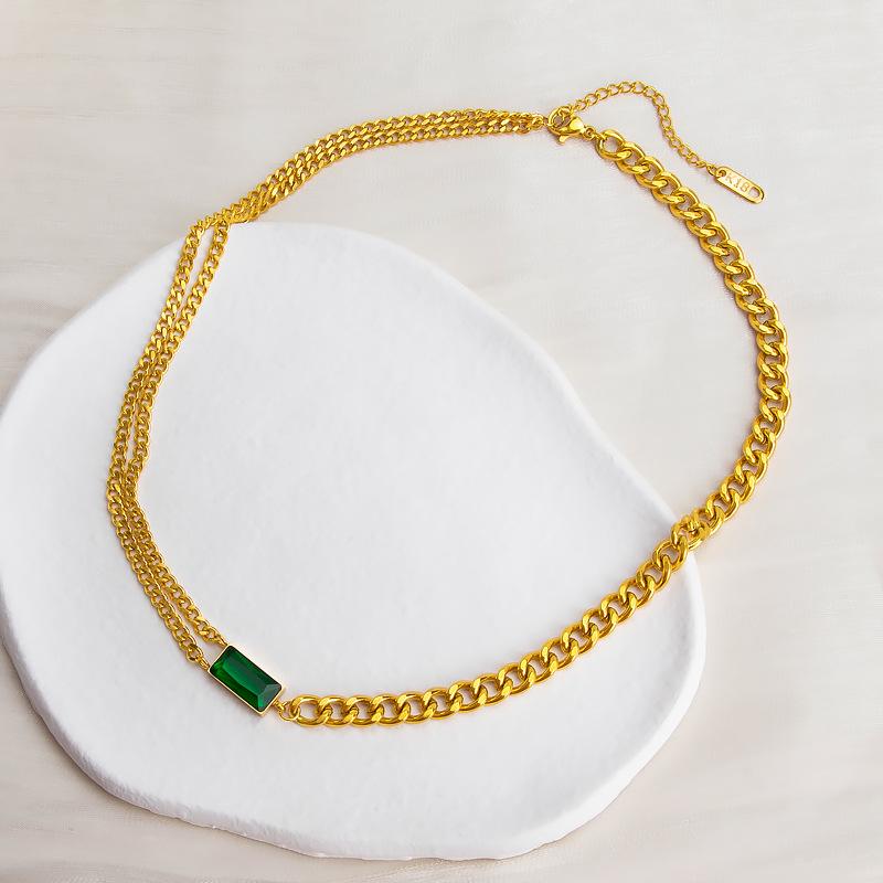 

Chains Trendy Gold Color Stainless Steel Double Necklaces For Women Green Crystal Pendant Necklace Female Fashion Jewelry 2023Chains