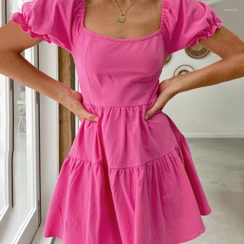 

Party Dresses Sexy Backless Lace-up Dress Women Summer 2023 Casual Solid Square Neck Short Puff Sleeve Mini, Rose red