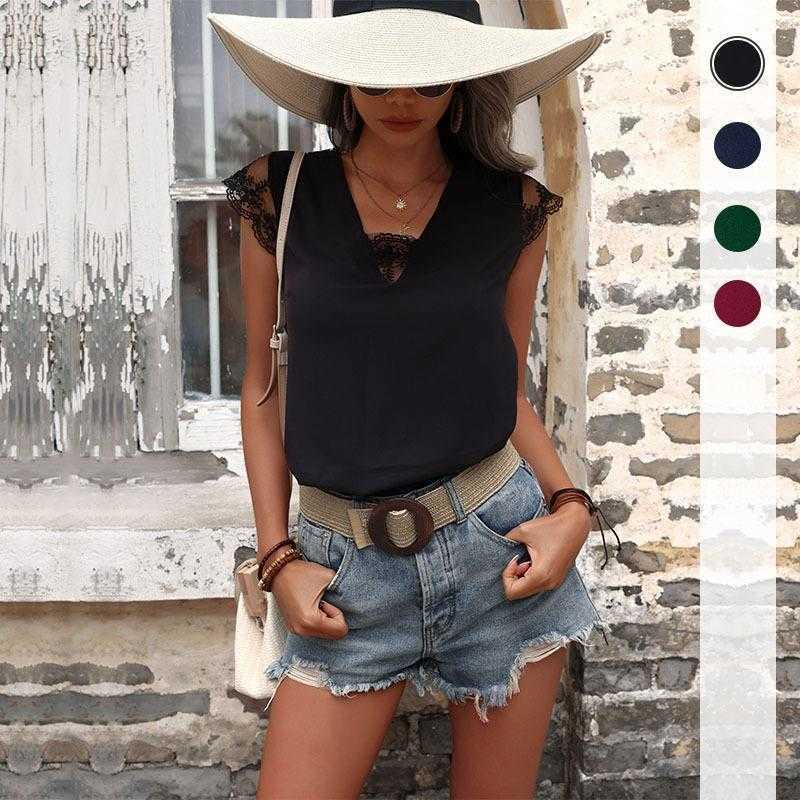 

Summer Lace Stitching Short Sleeve Black Shirt Solid Color Top For Women, Wine