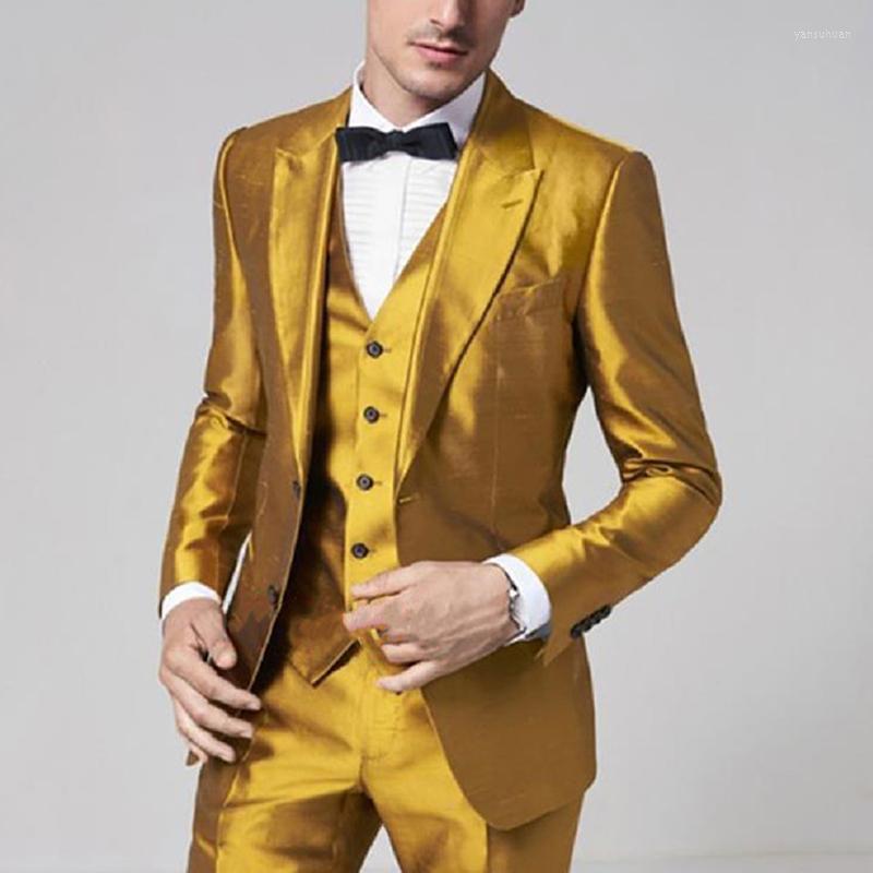 

Men's Suits Latest Golden Satin Men 2023 Slim Fit Prom Party Stage Groom Wedding Tuxedo Ternos Male Suit 3 Pieces (Blazer Vest Pants), Picture shown