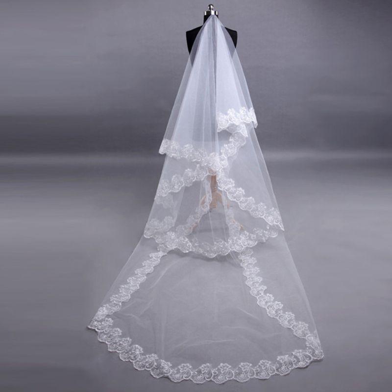 

Bridal Veils 1 Layer Women White Ultra Long Wedding Veil Wide Embroidered Hexagonal Floral Applique Edge Marriage Solid Without Comb, 1 150cm(59.05in)