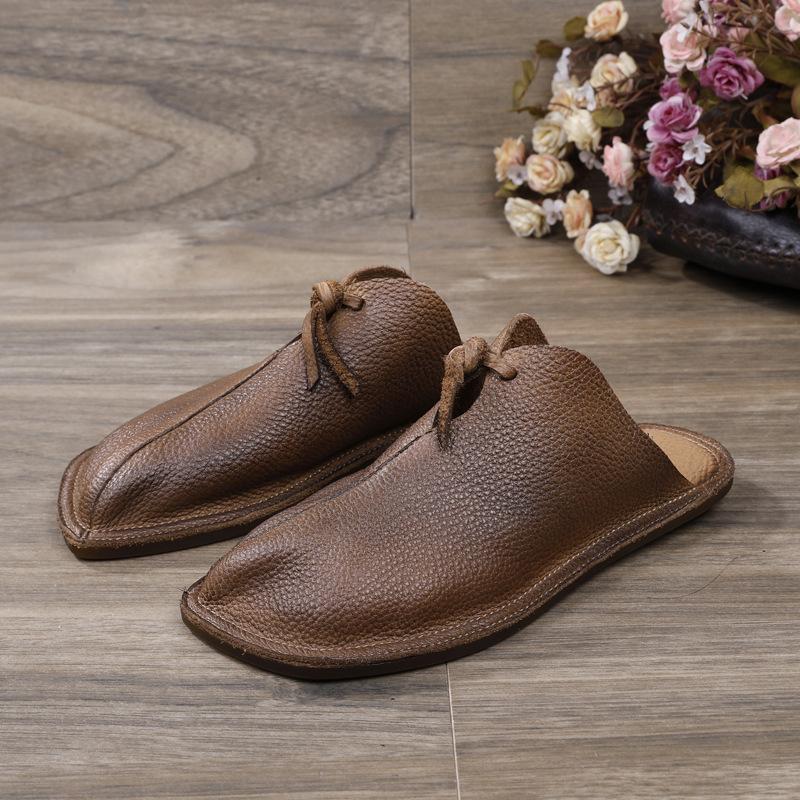 

Slippers Careaymade-Original Summer Genuine Leather Personality Retro Beach Outdoor Sandals Women's Solid Color Soft Soled Shoes, Coffee