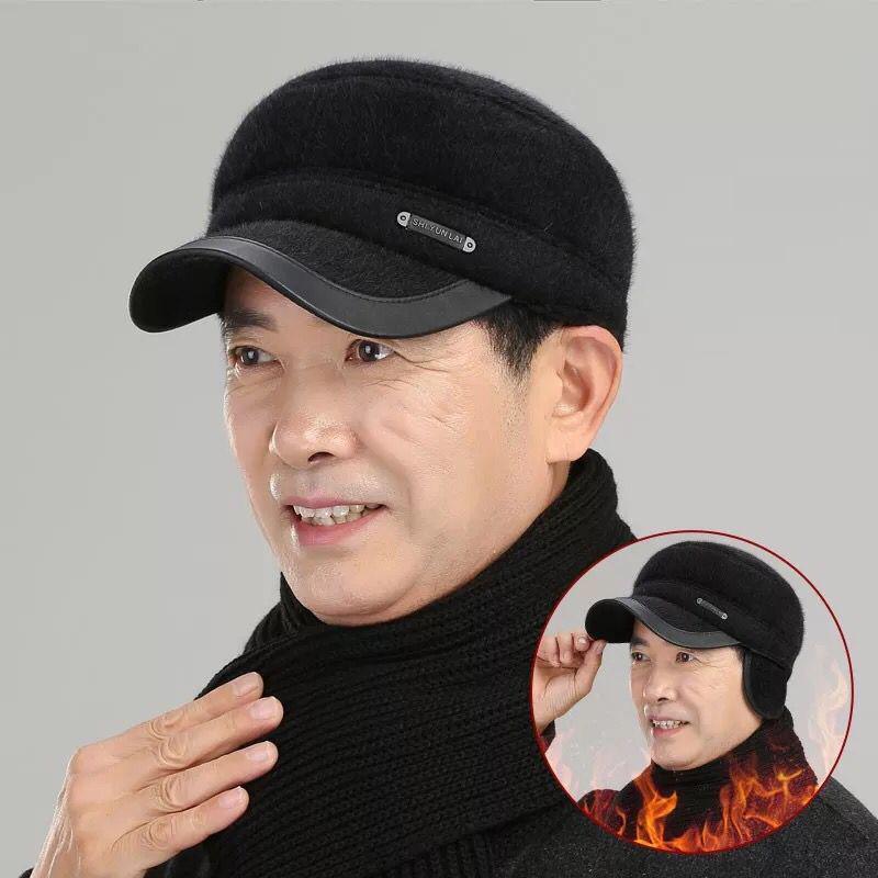 

Berets Men Winter Hat With Earflaps Beret Dad Warm Hats For Flat Cap Middle-aged And Elderly HatBerets, Black