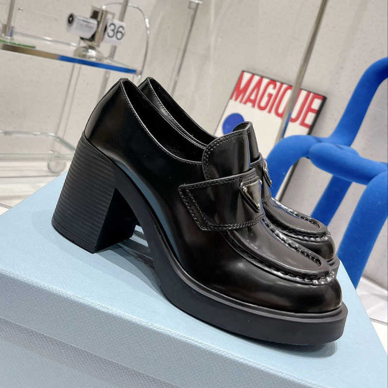 

Designer Shoes high-end quality Genuine Luxury metal triangle thick high heel women's leather Lefu shoes, Black