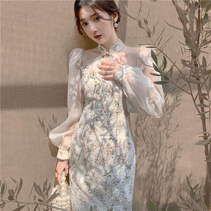

Casual Dresses Lace Vintage Midi Women Long Sleeve Halter Floral Dress Party 2023 Summer French Elegant One Piece Korean Fashion, Beige