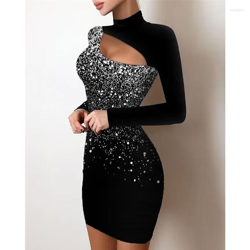 

Casual Dresses Print Cutout Front Long Sleeve Bodycon Dress Women Sexy Hollow Out Stand Collar High Waist Corset Cocktail Party Evening, Black