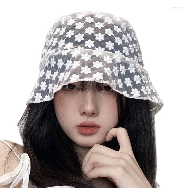 

Berets 2023 Korean LACE Hat For Women Floppy Foldable Summer Bucket Soft Flower Wide Brim Sun Hats Dress Ladies, White