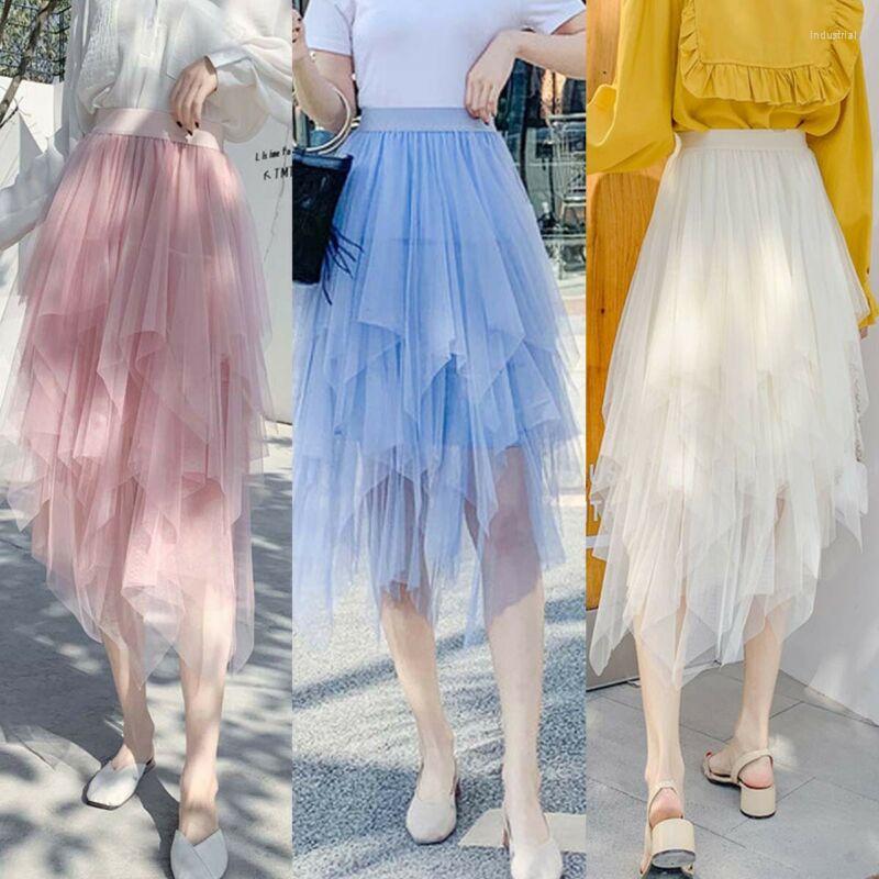 

Skirts Irregular Tulle Skirt Women Summer Casual Mesh Sexy Pleated Long Midi For, Beige
