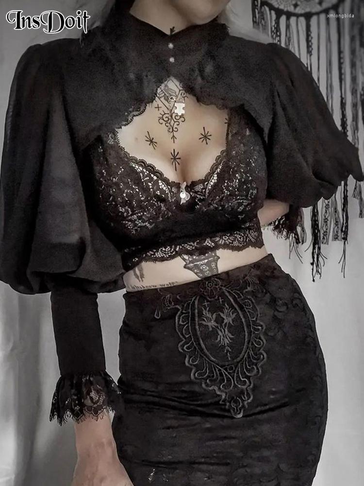 

Women' Jackets InsDoit Gothic Lantern Sleeve Smock High Street Sexy Black Winter Long Crop Top Aesthetic Fairy Grunge Party Overall