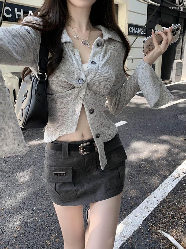 

Women' Knits Oversized Sweater Turn-down Collar Long Sleeve Sweaters Loose Fit Tops Solid Knitted Cardigan 2023 Autumn/Winter Womens, Gray