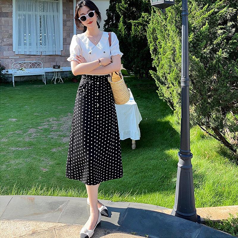 

Work Dresses 2023 Summer Women Fashion Suits Female Short Sleeve V-neck Chiffon Shirts Loose Polka Dot Skirts Ladies Two-piece Sets F159, Just blouse