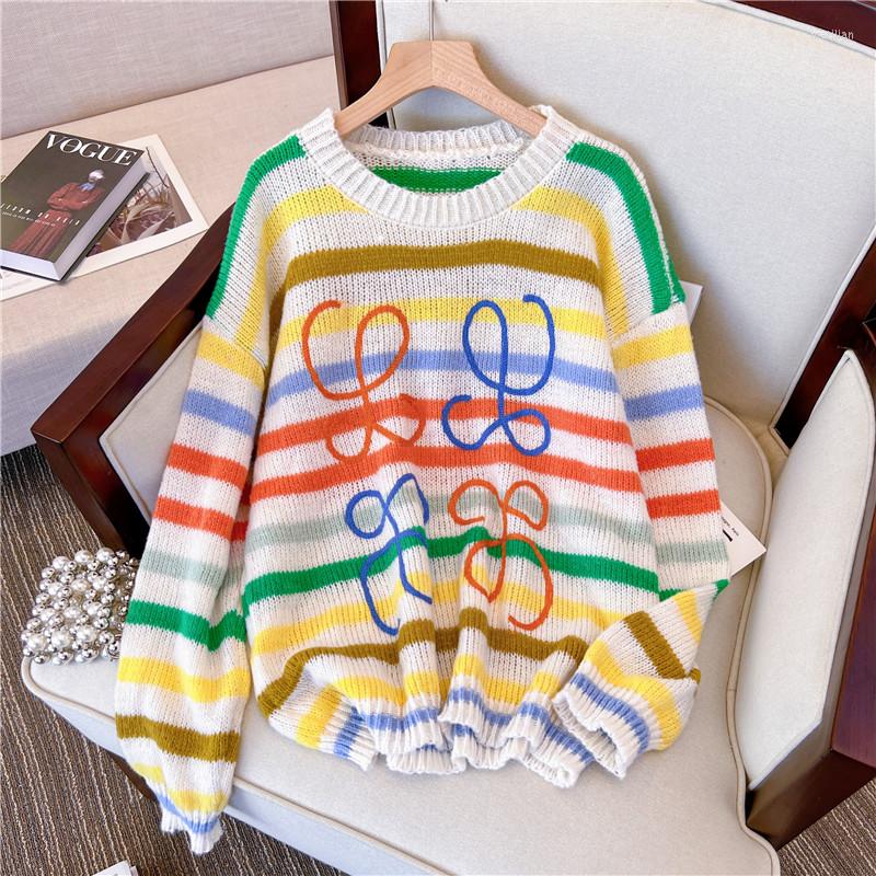 

Women's Sweaters Knitted Sweater Pullover Women Loose Long Sleeve Colorful Striped Cashmere Rainbow Female Tops Elastic O Neck Chic I559, Picture color
