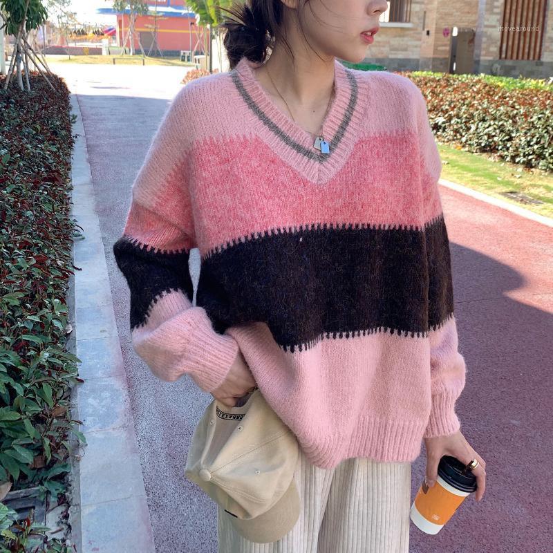 

Women's Sweaters Knitted Pink Wool Mohair Women Winter 2023 Loose Lazy Female V-neck Oversized Pullovers Outerwear Warm Knitwear Jumper