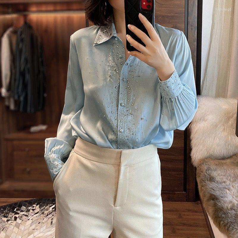 

Women' Blouses Fashion Trendy Heavy Blouse Female 2023 Spring Nail Pearl Drill Drilling Shirt Versatile Bottom, Blue