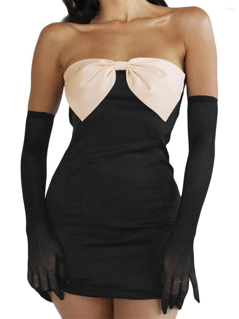 

Casual Dresses Women Wrap Chest Bodycon Dress Bowknot Front Strapless Backless Cocktail Party Club Skinny Mini With Oversleeve, Black