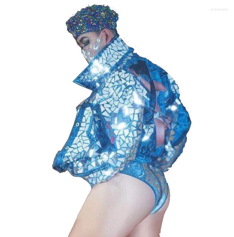 

Stage Wear Women Prom Party Singer Flashing Mirror Blue Imitation Denim Jacket Jazz Dance Show Outfit Birthday, Hat jacket bodysuit