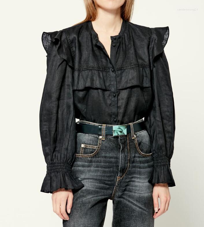 

Women's Blouses 2023ss Woman White Black Teddy Cotton Linen Shirt Round Neck Long Sleeves Ruffled Shoulders Flared Cuffs Fashion Tops Blouse