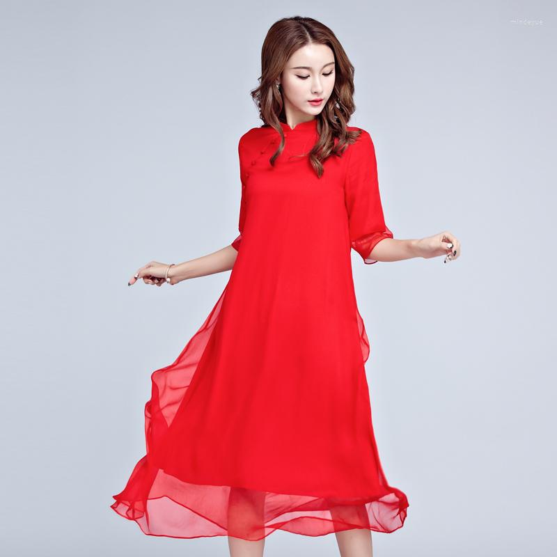 

Party Dresses Women Silk Chiffon Retro Summer Casual Loose 2023 Solid Color Lady Vestidos Plus Size -3XL Dress, Black