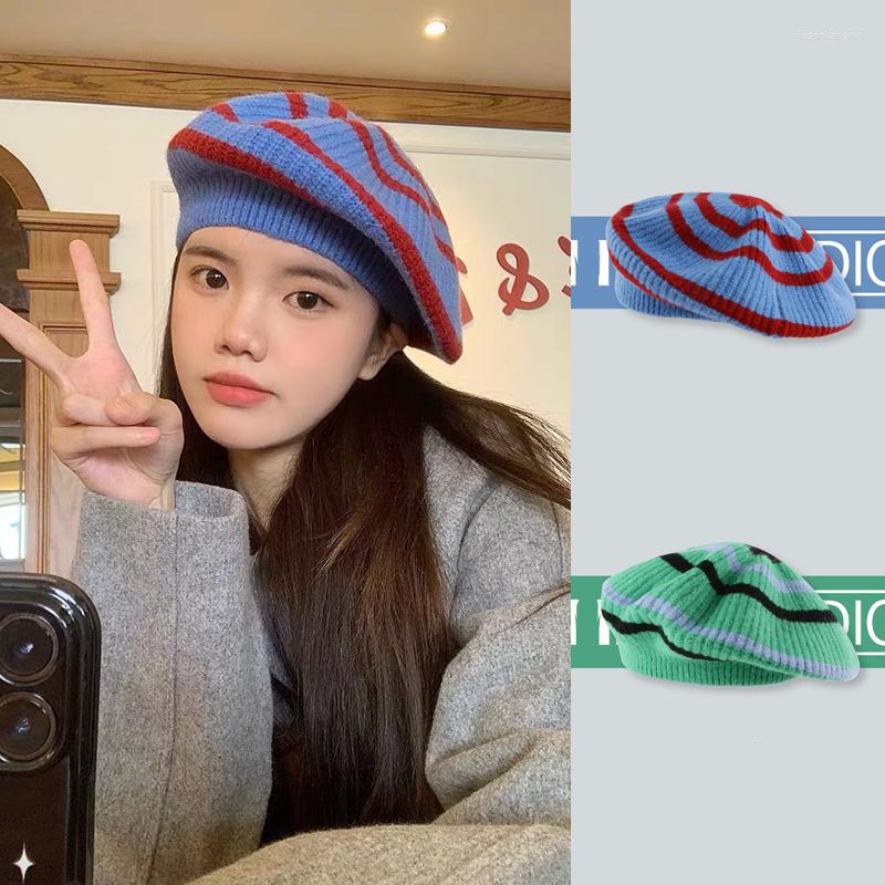 

Berets 2023 Korean Designer Niche Wool Blend Striped Painter Caps Spring And Autumn Temperament All-match Beret Hats Women, Blue