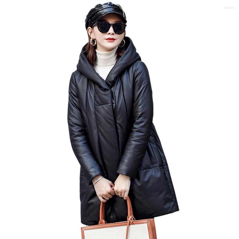 

Women's Leather Real Sheepskin Suede Down Hoody Coat Women Warm Jacket Outerwear Overcoat LF2344BM, Black