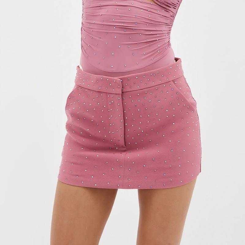 

Sexy Tight Womens Short Skirt Spring Fashion Solid Color Rhinestone Low Waist Hip, Pink4