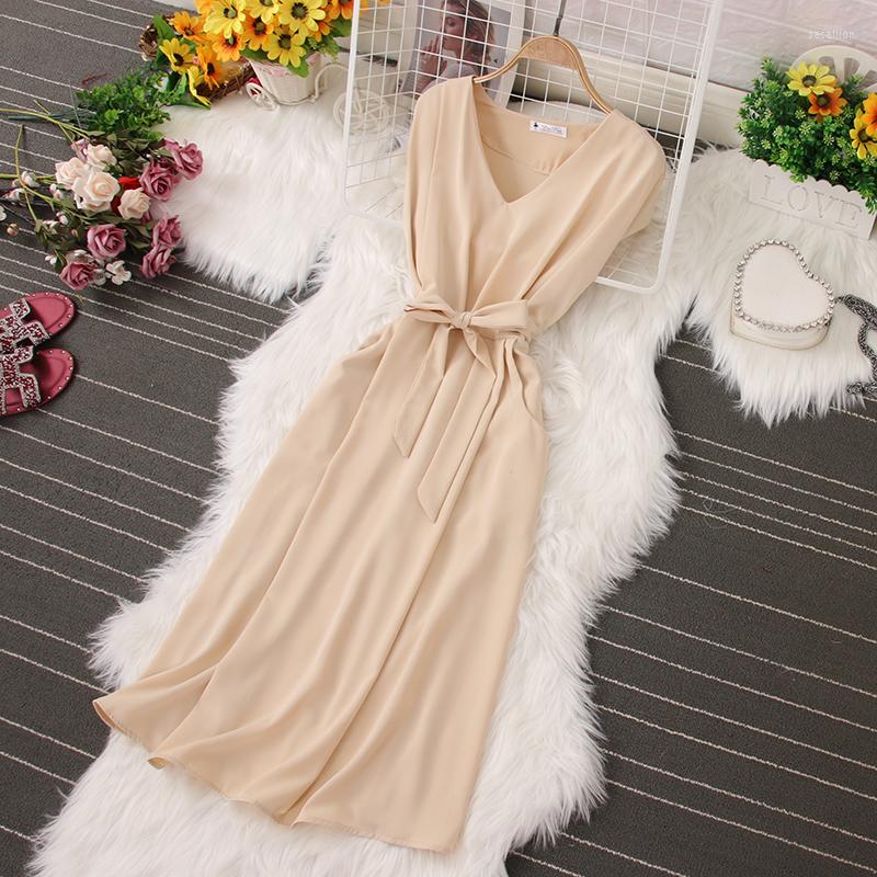 

Party Dresses French Temperament Female Dress 2023 Fashion Elegant V-neck Solid Color Sashes Slim Robe Longue Femme A-line Big Pendulum