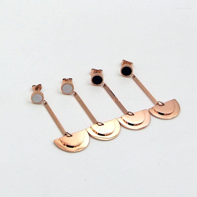 

Dangle Earrings Fashion Stainless Steel Geometric Double Semicircle Long Chain Black Round Drop Rose Gold Color Women Party Gift