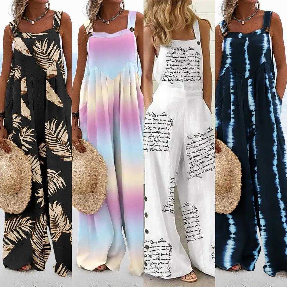 

Summer Printed Sleeveless Loose Casual Sling Jumpsuit Wide Leg Pants For Women, White letters