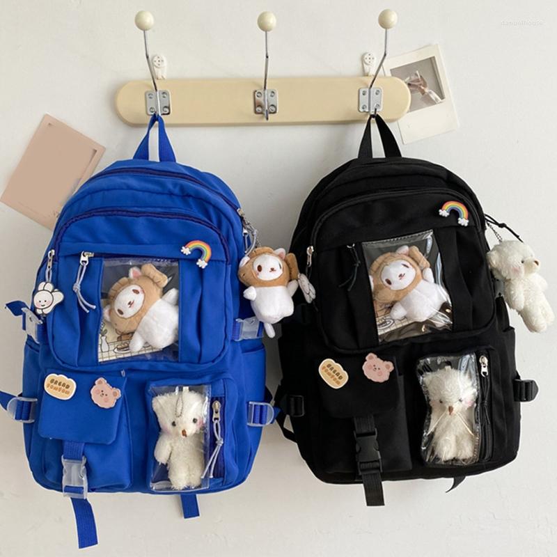 

School Bags Large-capacity Cute Women Multi-Pocket Nylon Backpack Ins Junior High Student Bag Female Girl Laptop Book, Black