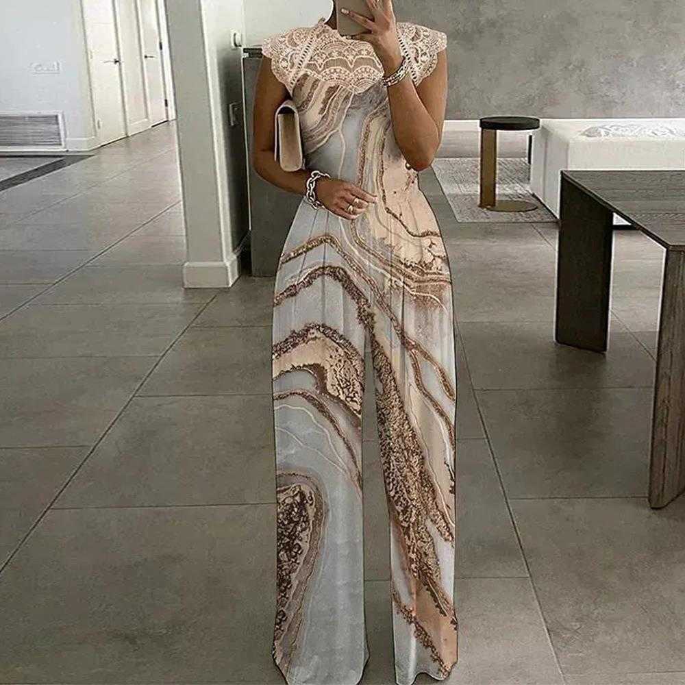 

Womens Fashionable Jumpsuit Printed Lace Stitching Sleeveless Round Neck Loose, Apricot