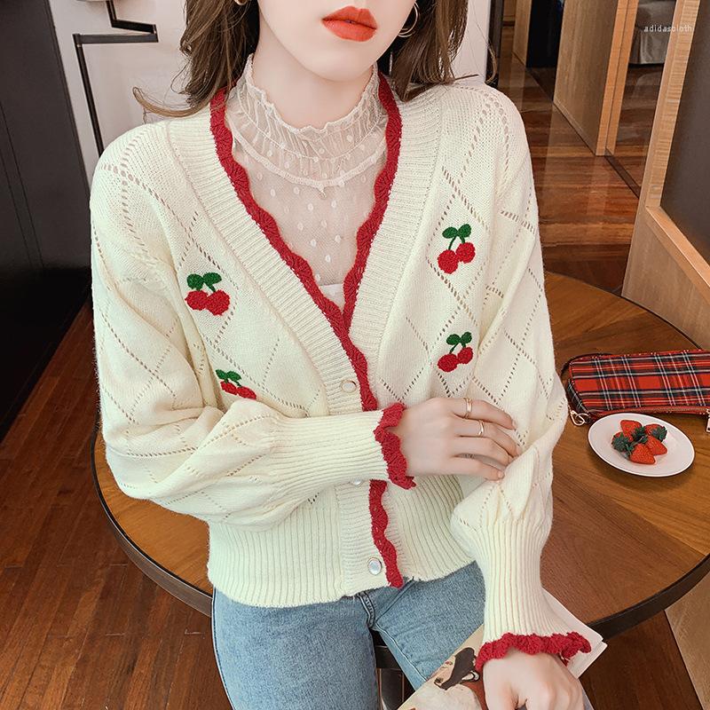 

Women' Knits Apricot Cherry Lace Knitted Cardigans Sweet Girls V-Neck Loose Casual Sweaters Single Breasted Chic Spring Autumn Women Tops