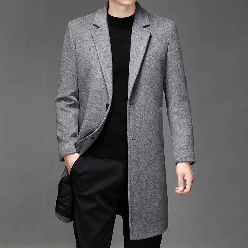 

Men's Wool Blends Men Solid Smart Casual Outerwear Turn Down Collar Windbreaker Man Autumn Winter Mens Coats Mid Long Trench 230225, Black