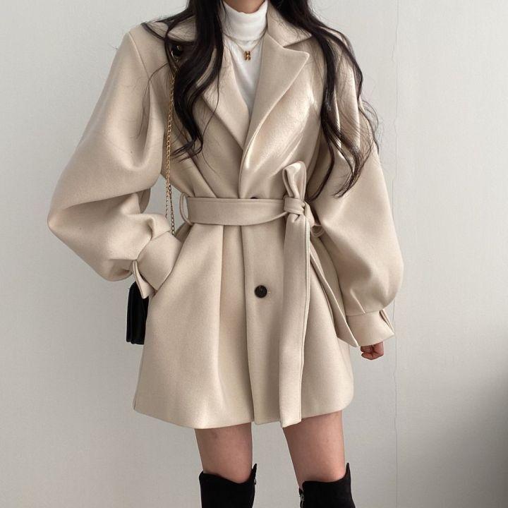 

Women' Jackets Elegant Mid-length Woolen Jacket Women Harajuku Long-sleeved Office Lapel Casual Coat Vintage Solid Color Autumn Chic Outerw, Beige