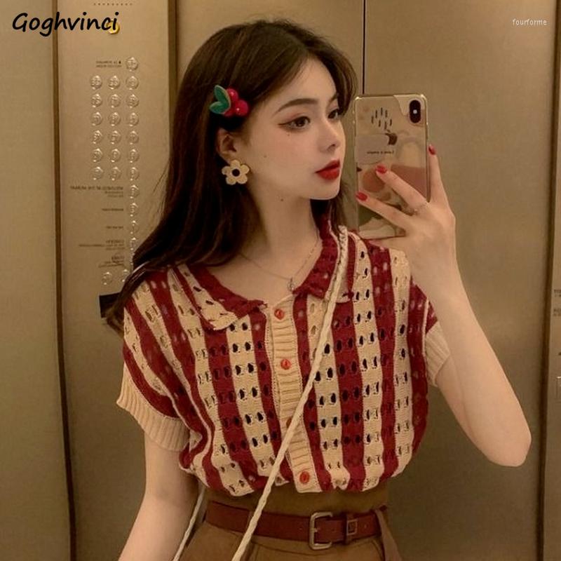 

Women' Knits Sweaters Cardigan Women Knitwear Hollow Out Summer Gentle Korean Style Striped Vintage Chic Simple Lady Office All-match, Red